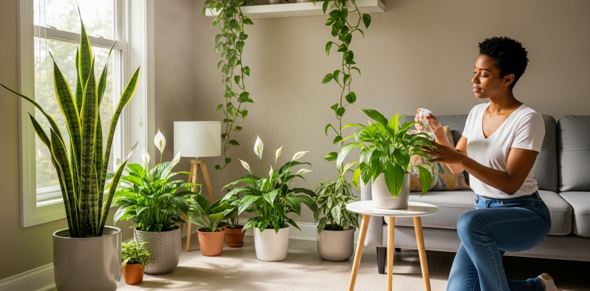 A sunlit room with a collection of healthy indoor plants, illustrating the holistic benefits of bringing nature indoors for a peaceful home environment.