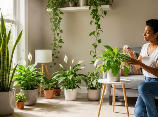 A sunlit room with a collection of healthy indoor plants, illustrating the holistic benefits of bringing nature indoors for a peaceful home environment.
